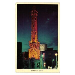 Old Water Tower Chicago Night Scenic Vintage Postcard CK179 1960s Writing Stamp